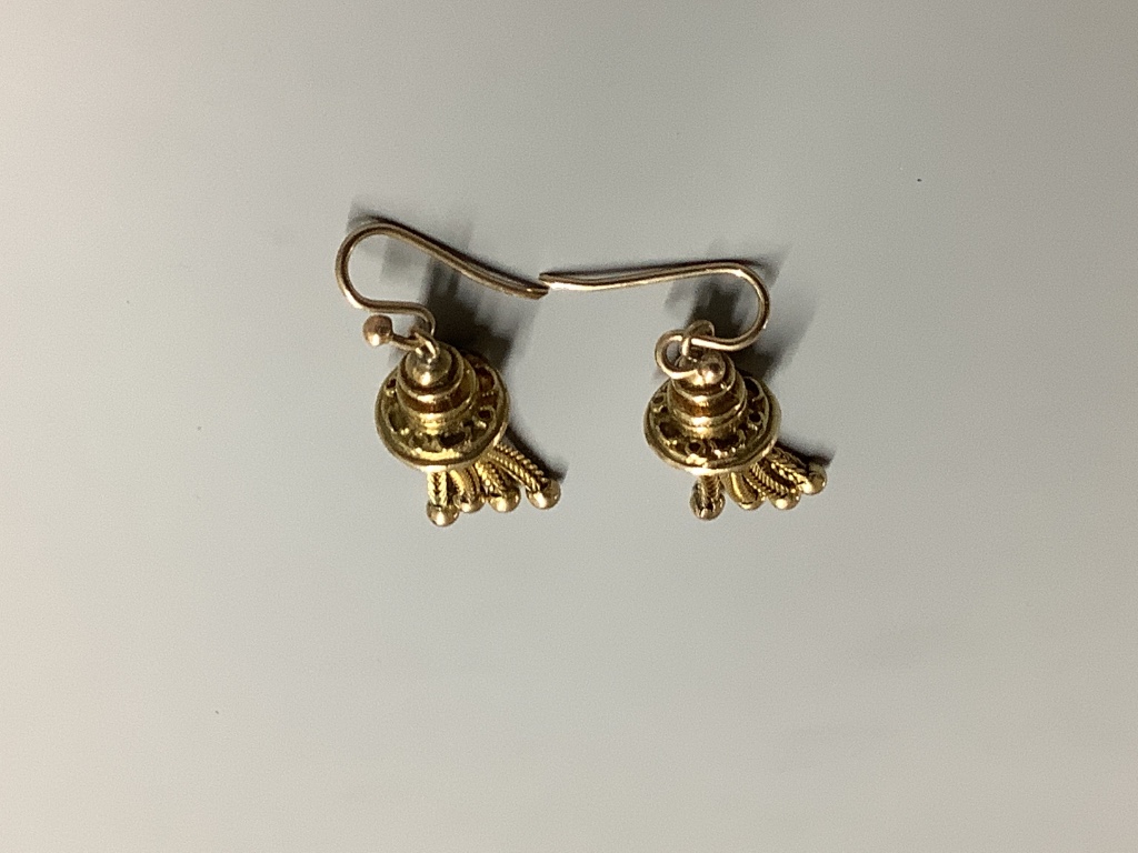 A pair of yellow metal tassel drop earrings, 32mm, 7.7 grams.